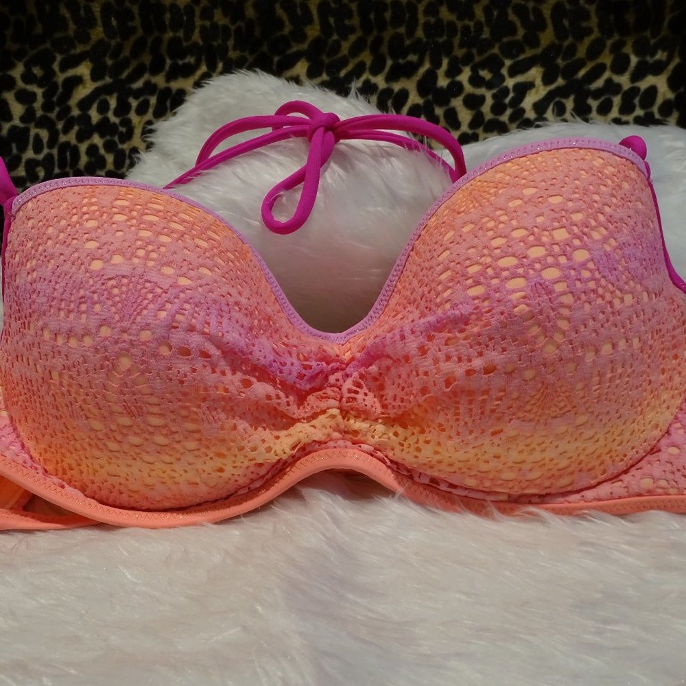 Victoria's Secret 36 B Bikini Top Warm Ombre Lace Halter Swim Wear Suit Pink